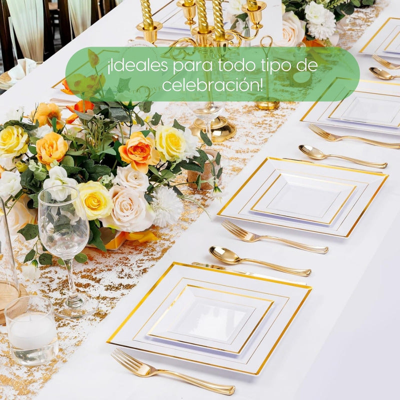 Set 50 Platos Cuadrados Blancos Reutilizables Borde Líneas Blanco Ibiza