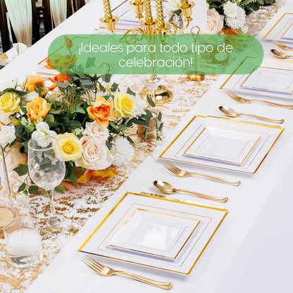 Set 50 Platos Cuadrados Blancos Reutilizables Borde Líneas Blanco Ibiza