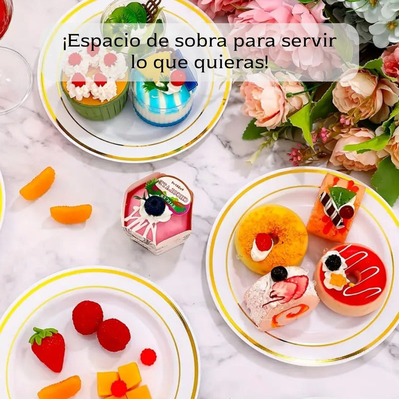 Platos De Plástico Reutilizables 50 Pz (26 Cm) Orilla Dorada Dorado
