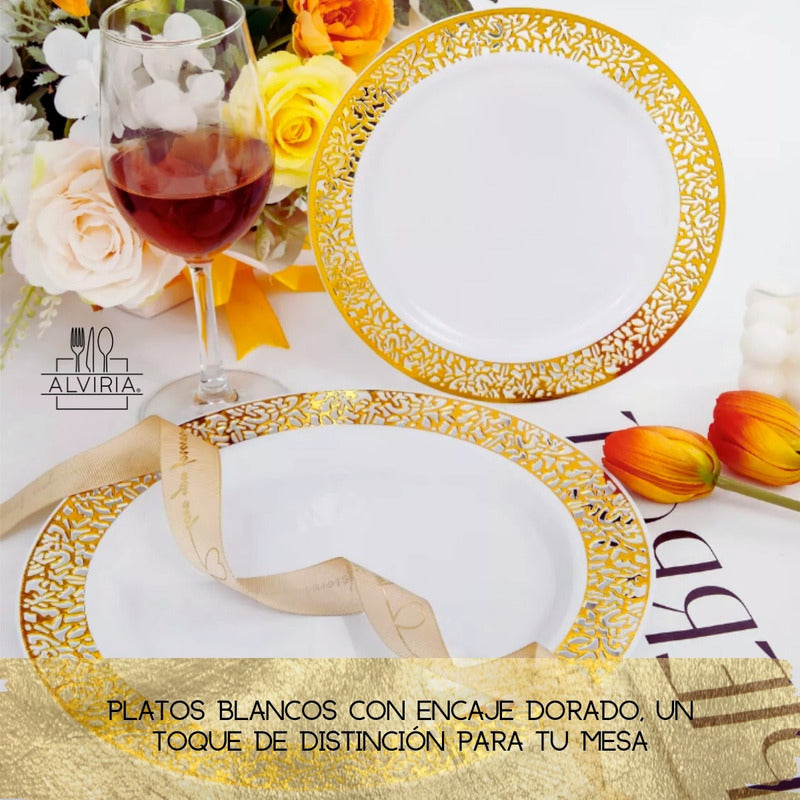 Plato Desechable Elegante De Plástico 50 Pzas Orilla Encaje Oro Orilla Dorada