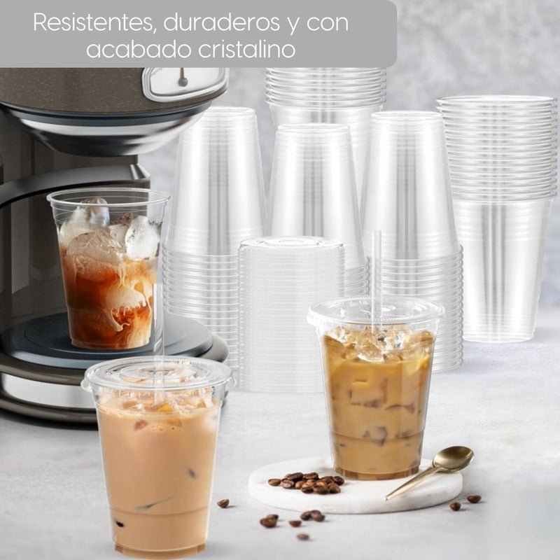 Alviria 50 Vasos Desechables Plástico 12 Oz Con Tapa Popote Transparente