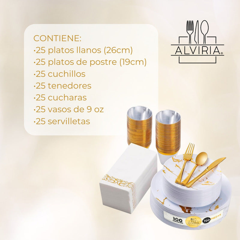 Juego De Vajilla Para Fiesta Desechables 175 Pzs 25 Personas Blanco/oro Tipo Mármol