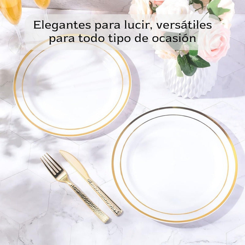 Platos De Plástico Reutilizables 50 Pz (26 Cm) Orilla Dorada Dorado