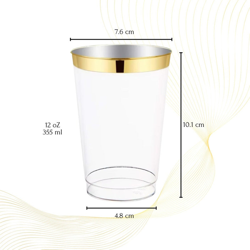 Vasos Elegantes 100 Pzs 12 Onzas (355ml) Bordes Dorados Dorado