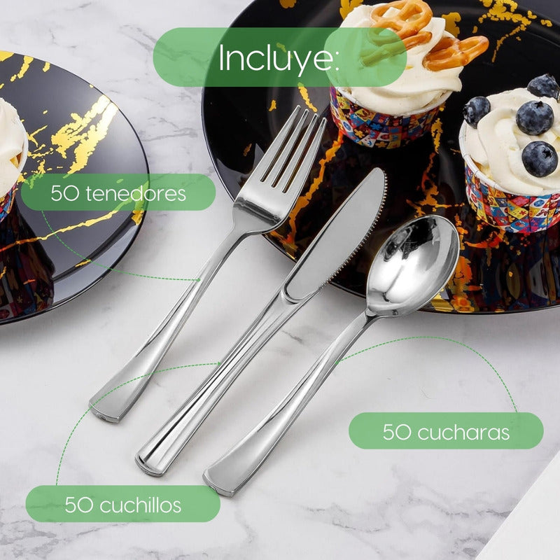 Alviria Set Cubiertos De Plástico Reutilizables 150 Piezas Plata