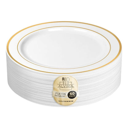 Platos De Plástico Reutilizables 50 Pz (26 Cm) Orilla Dorada Dorado
