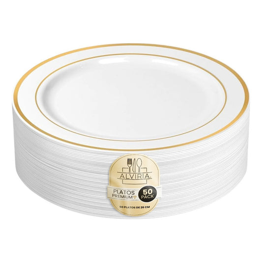 Platos De Plástico Reutilizables 50 Pz (26 Cm) Orilla Dorada Dorado