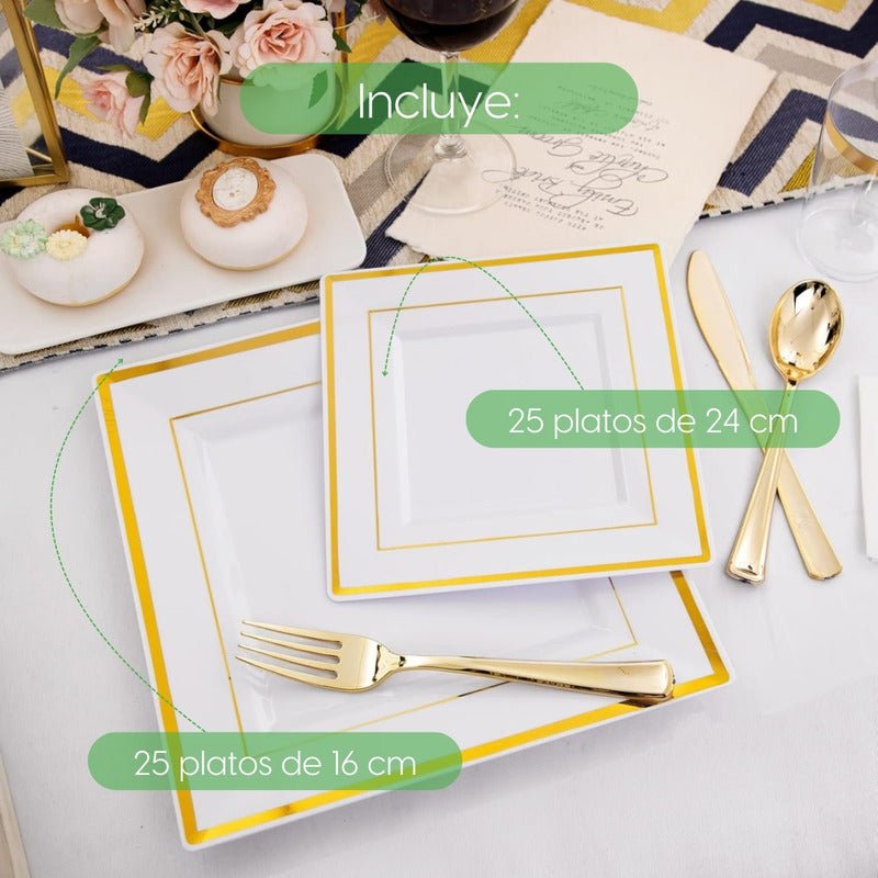 Set 50 Platos Cuadrados Blancos Reutilizables Borde Líneas Blanco Ibiza