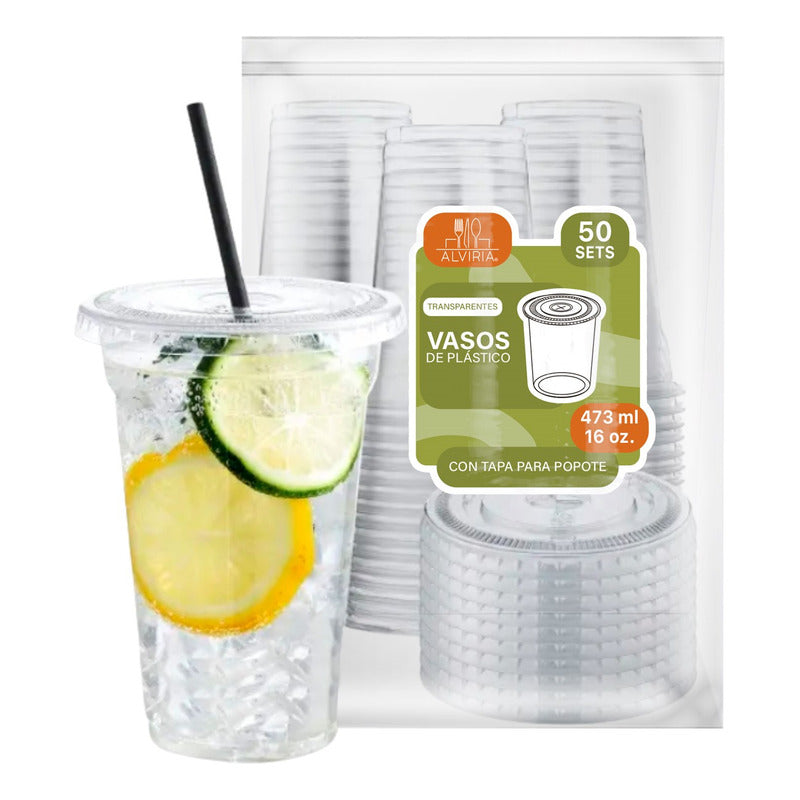 Alviria 50 Vasos Desechables De Plástico 16 Oz Tapa Popote Transparente
