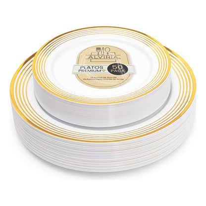 Set 50 Platos Elegantes Reutilizables Alviria Líneas Doradas Dorado Líneas