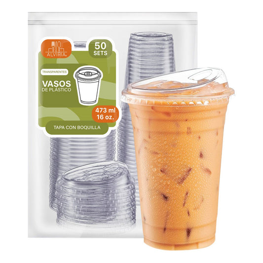 Alviria 50 Vasos Desechables De Plástico 16 Oz Tapa Boquilla Transparente