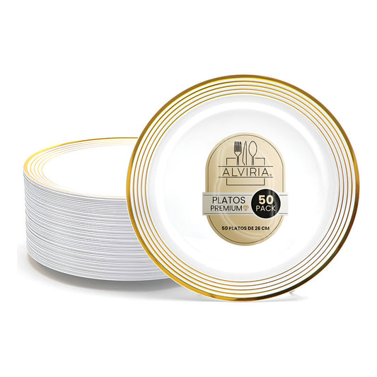 Platos De Plástico Para Fiesta Borde Líneas Doradas 50 Pzas