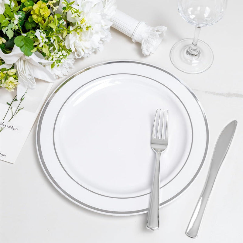 Platos De Plástico Reutilizables 50 Pz (26cm) Orilla Plata Plata