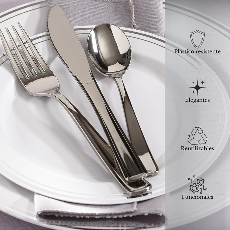 Alviria Set Cubiertos De Plástico Reutilizables 150 Piezas Plata