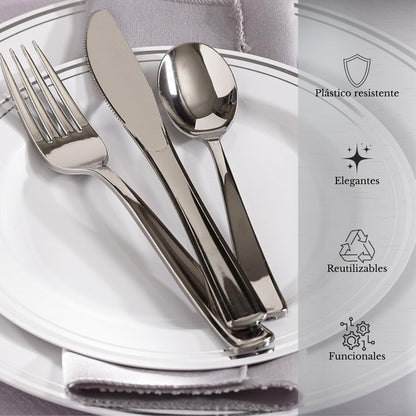 Alviria Set Cubiertos De Plástico Reutilizables 150 Piezas Plata