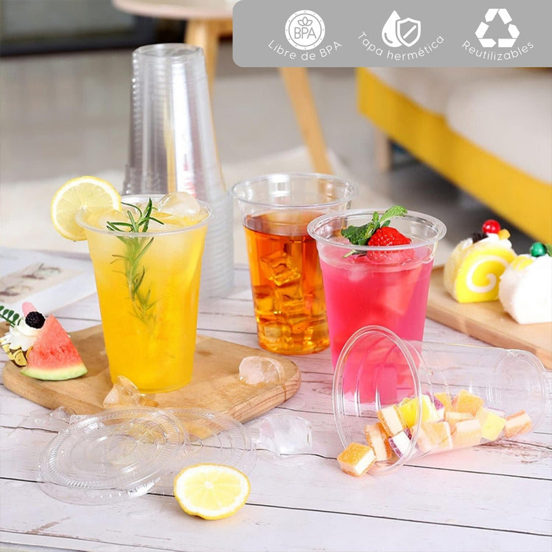 Alviria 50 Vasos Desechables Plástico 12 Oz Con Tapa Popote Transparente