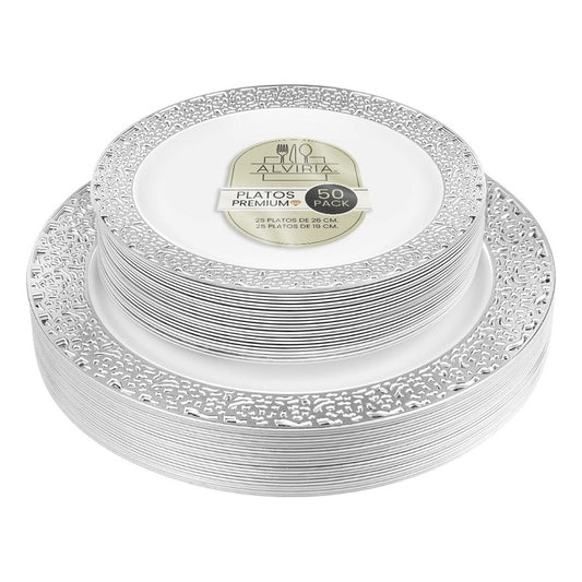 Plato Desechable Elegante 50 Pzas Orilla Encaje Plateado Plateado