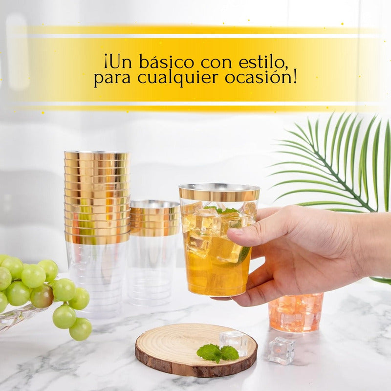 Vasos Elegantes 100 Pzs De 10 Onzas (295ml) Bordes Dorados Transparente Con Dorado