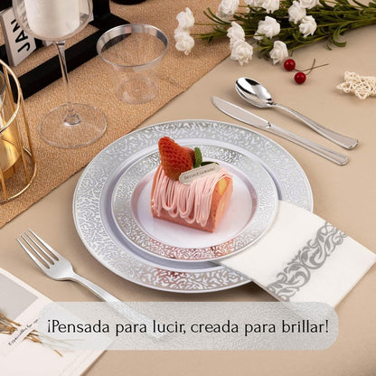 Vajilla Completa Orilla Encaje Plata · 175 piezas · 25 personas