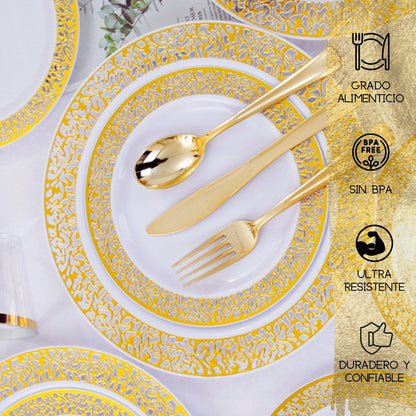 Plato Desechable Elegante De Plástico 50 Pzas Orilla Encaje Oro Orilla Dorada