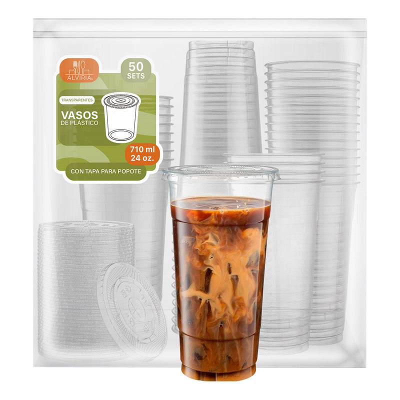 Alviria 50 Vasos Desechables Plástico 24 Oz Con Tapa Popote Transparente