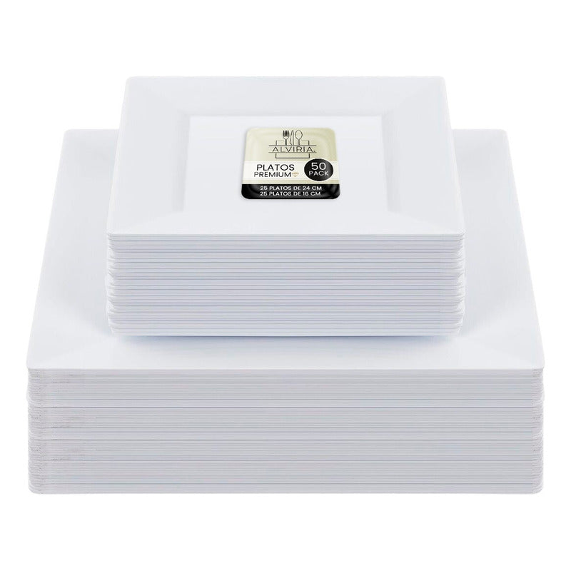 50 Platos Reutilizables Elegantes Ibiza Cuadrados Alviria Blanco