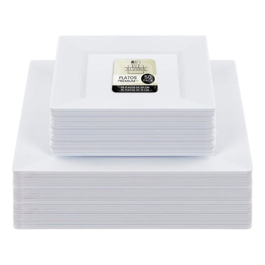 50 Platos Reutilizables Elegantes Ibiza Cuadrados Alviria Blanco